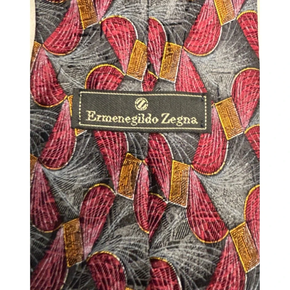 Ermenegildo Zegna Tie Silk Italy Burgundy Gray Gold Geometric Disegno Esclusivo